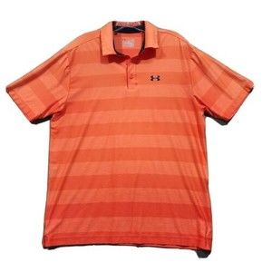 Under Armour Polo Shirt Mens Large Orange Striped HeatGear Short Sleeve
